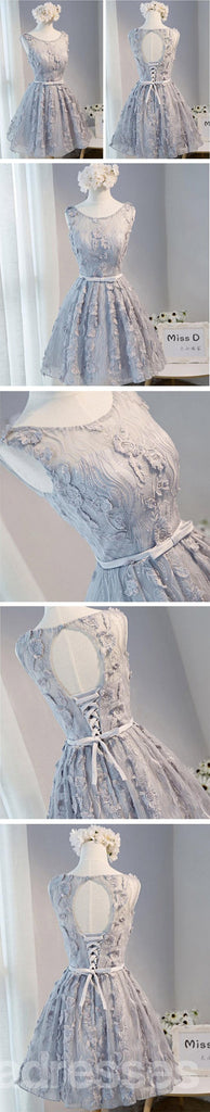 Open Back Gray Lace Scoop Neckline Homecoming Prom Dresses, Affordable Short Party Prom Dresses, Perfect Homecoming Dresses, CM274