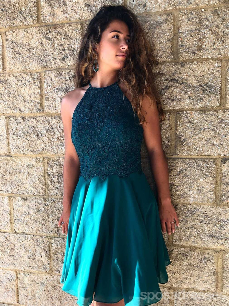 Sexy Backless Halter Lace Beaded Teal Chiffon Cheap Homecoming Dresses Online, CM722