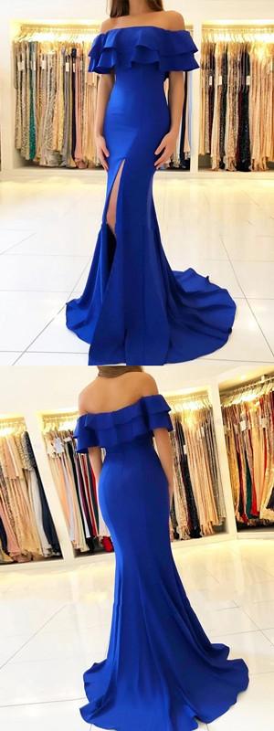 Sexy Mermaid Royal Blue Off Shoulder High Slit Long Prom Dresses Online,12603