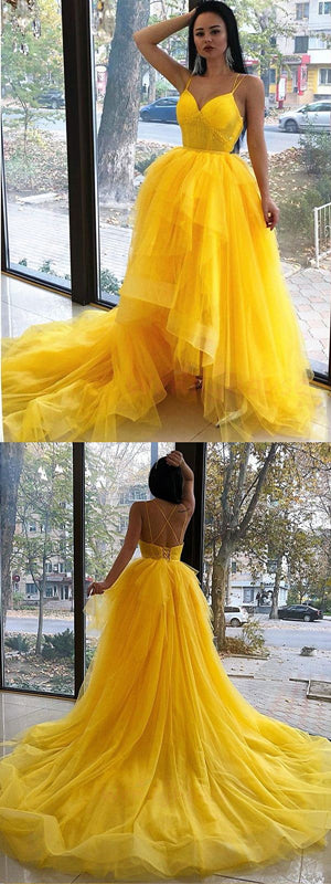 Yellow A-line Spaghetti Straps High Low Cheap Maxi Long Prom Dresses,13258