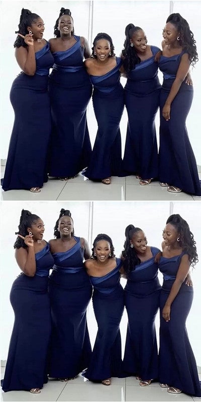 Navy Blue Mermaid One Shoulder Cheap Long Bridesmaid Dresses Online,WG1189