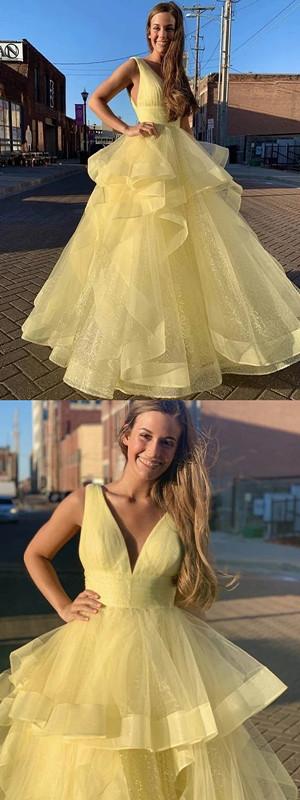 Yellow A-line Sleeveless V-neck Long Prom Dresses Online,Dance Dresses,12591