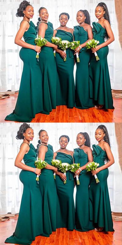 Emerald Green Mermaid One Shoulder Spaghetti Straps Long Bridesmaid Dresses Online,WG1184