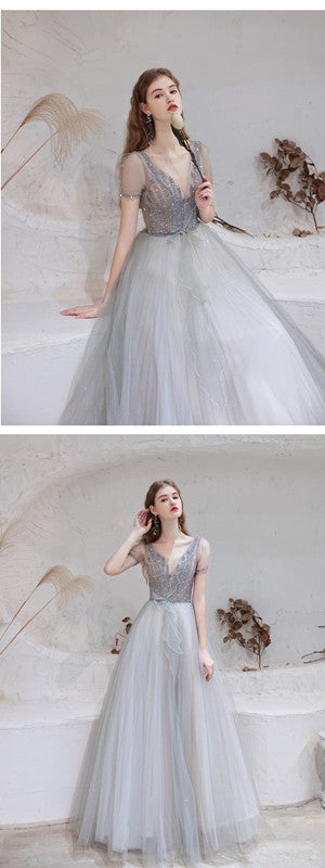 Short Sleeves A-line V-neck Long Prom Dresses Online,Evening Party Dresses,12762