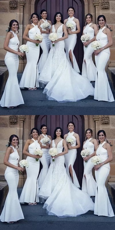 Simple White Mermaid Halter High Slit Cheap Long Bridesmaid Dresses Online,WG1192