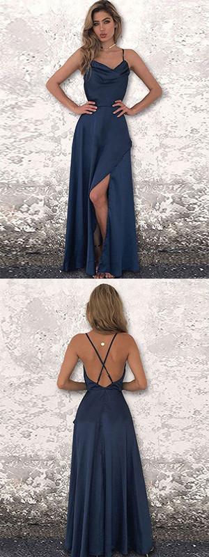 Navy Blue A-line Spaghetti Straps High Slit Long Prom Dresses Online,12611