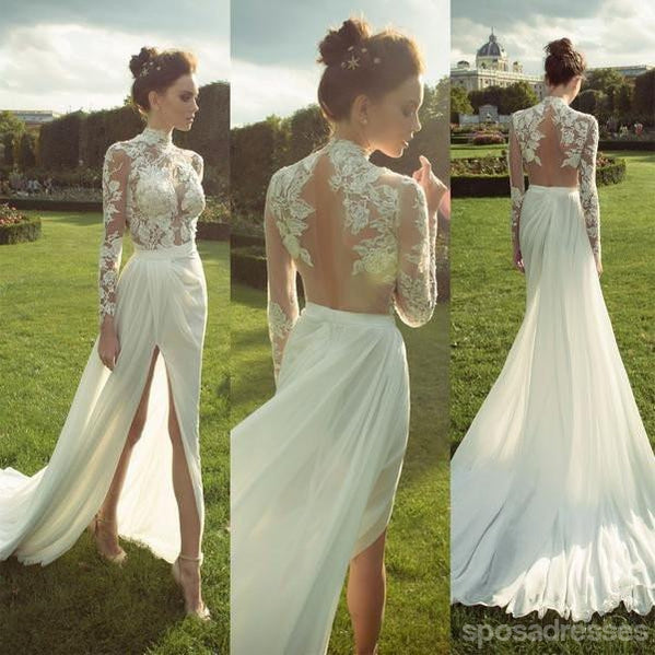 Long Sleeve High Neckline See Through Open Back Lace Wedding Dresses, – SposaDresses Long Sleeve High Neckline See Through Open Back Lace Wedding Dresses, – SposaDresses
