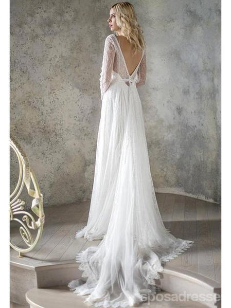 Long Sleeves Lace Backless Cheap Wedding Dresses Online, Cheap Bridal Dresses, WD543