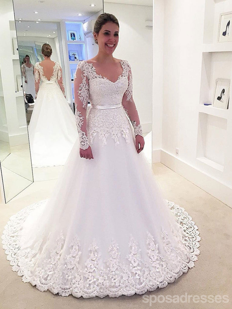 Long Sleeve Lace Backless A-line Cheap Wedding Dresses Online, WD338