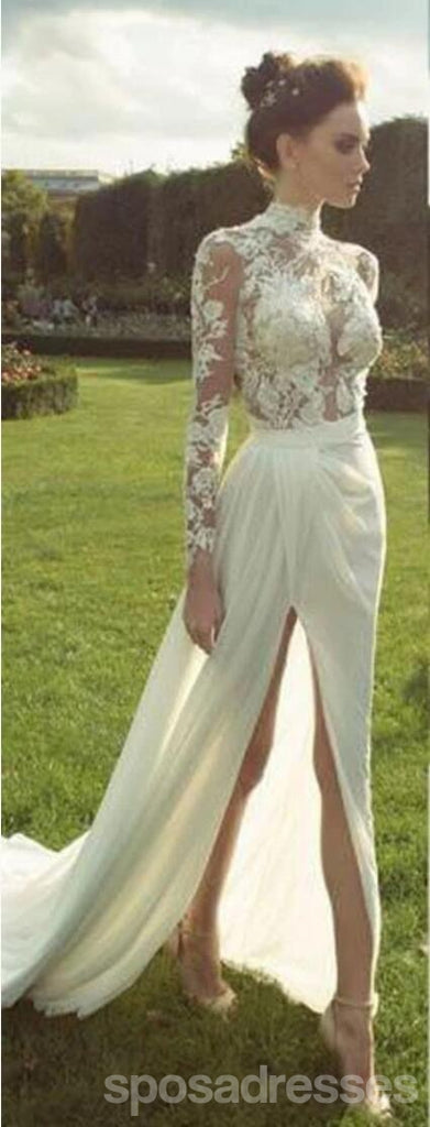 Long Sleeve High Neckline See Through Open Back Lace Wedding Dresses,  WD205