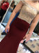 Sexy Gold Beaded Maroon Mermaid Long Cheap Evening Prom Dresses, 17487