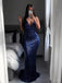 Mermaid Deep V Neck Sleeveless Navy Prom Dresses, Sweet 16 Prom Dresses, 12415