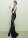Sexy Mermaid Halter Side Slit Black Prom Dresses, Sweet 16 Prom Dresses, 12475