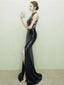 Sexy Mermaid Halter Side Slit Black Prom Dresses, Sweet 16 Prom Dresses, 12475