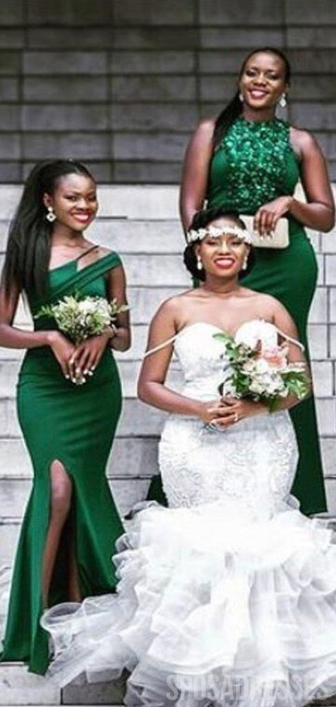Mismatched Green Unique High Slit Long Bridesmaid Dresses Gown Online, WG998