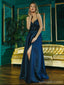 Navy Blue A-line Spaghetti Straps High Slit Maxi Long Prom Dresses,Evening Dresses,13168