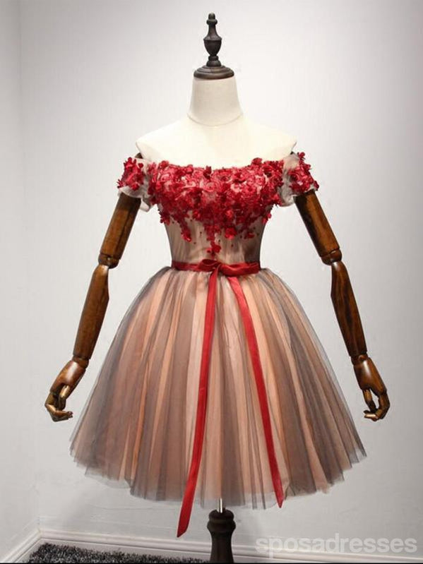 Off Shoulder Short Sleeve Lace Homecoming Prom Dresses, Affordable Short Party Corset Back Prom Dresses, Perfect Red Homecoming Dresses, CM216