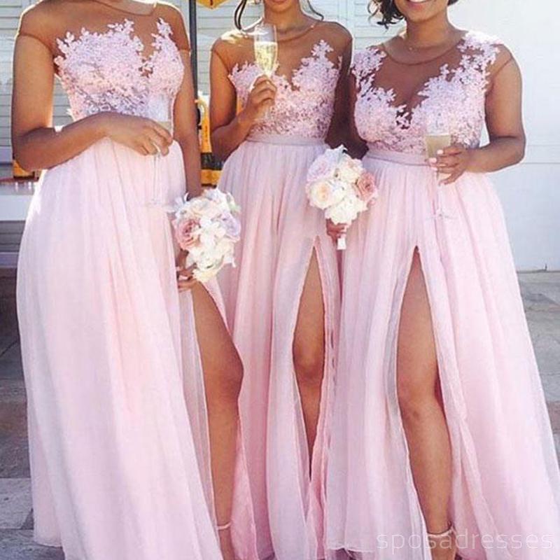 Sexy Side Slit Cap Sleeve Pink Custom Long Bridesmaid Dresses, WG233