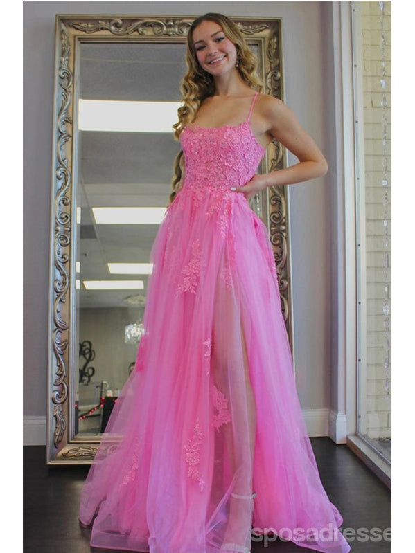 Pink A-line Spaghetti Straps High Slit Cheap Long Prom Dresses,12833
