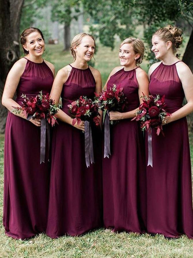 Halter Plum Chiffon Cheap Long Bridesmaid Dresses Online, WG575