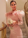 Pink Mermaid Off Shoulder Long Sleeves High Slit Cheap Long Prom Dresses,12916