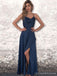 Navy Blue A-line Spaghetti Straps High Slit Long Prom Dresses Online,12611