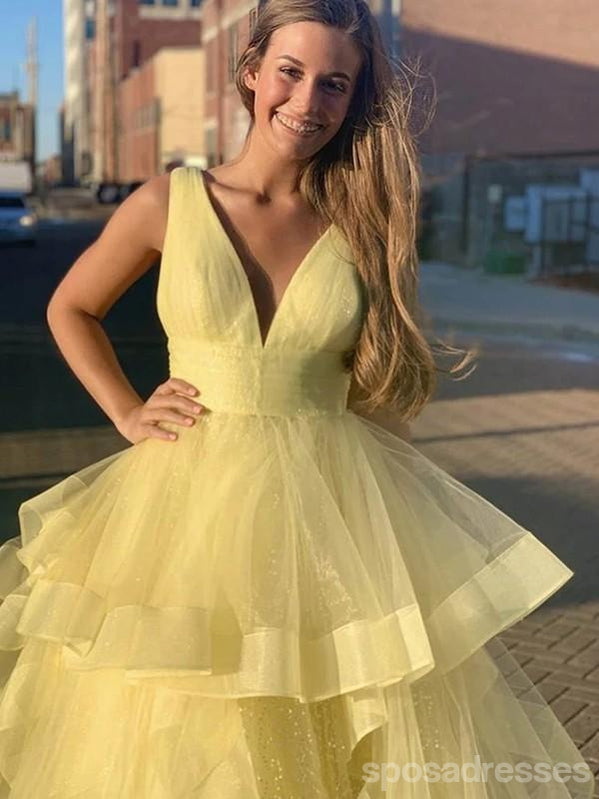 Yellow A-line Sleeveless V-neck Long Prom Dresses Online,Dance Dresses,12591