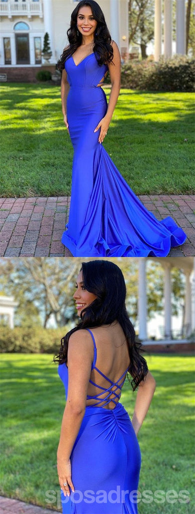 Royal Blue Mermaid Spaghetti Straps V-Neck Backless Long Prom Dresses Online,12629