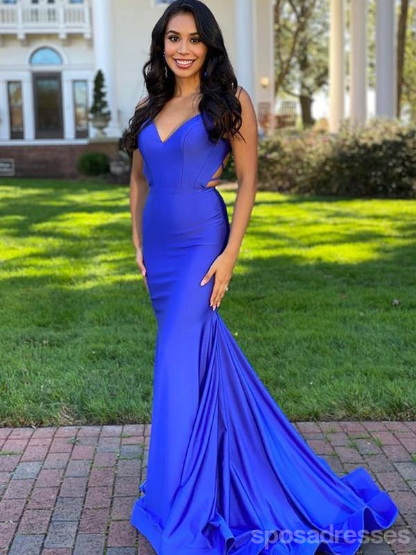 Royal Blue Mermaid Spaghetti Straps V-Neck Backless Long Prom Dresses Online,12629