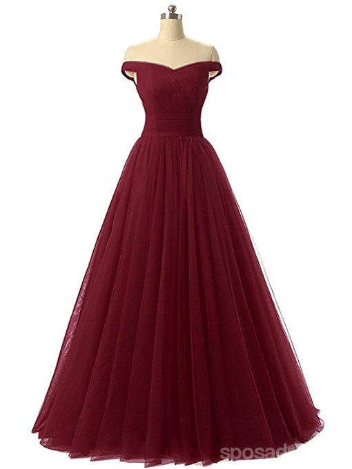 Simple Off Shoulder Maroon Tulle A-line Long Evening Prom Dresses, 17670