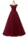 Simple Off Shoulder Maroon Tulle A-line Long Evening Prom Dresses, 17670