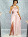 Halter Pink Lace Side Slit Long Evening Prom Dresses, 17672