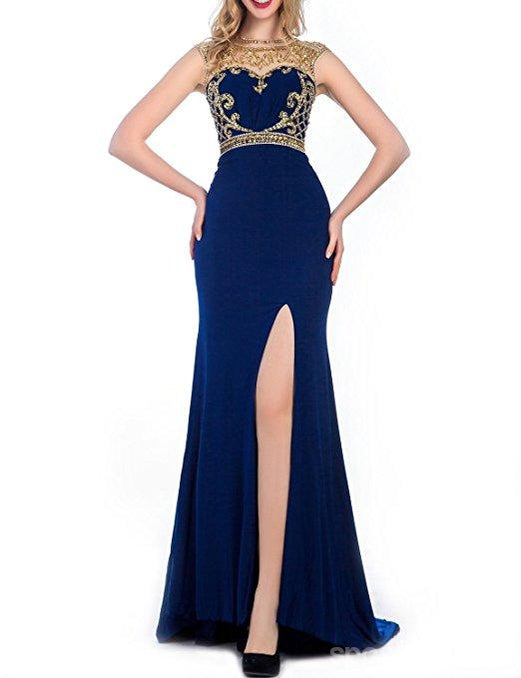 Royal Blue Gold Beaded Side Slit Mermaid Long Evening Prom Dresses, 17677