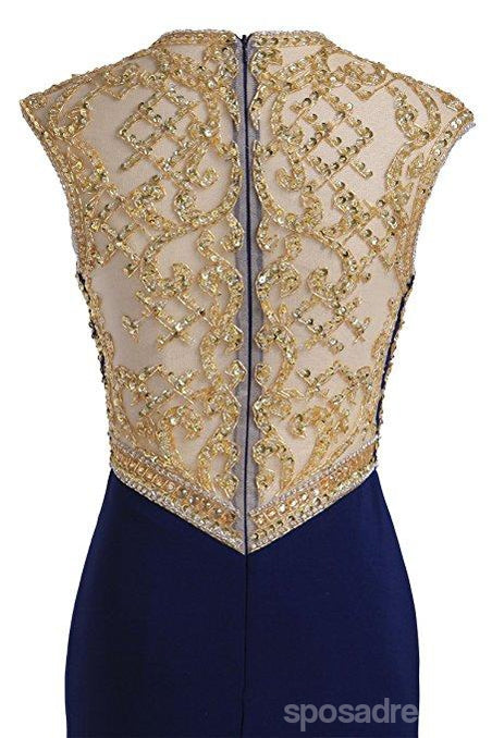 Royal Blue Gold Beaded Side Slit Mermaid Long Evening Prom Dresses, 17677