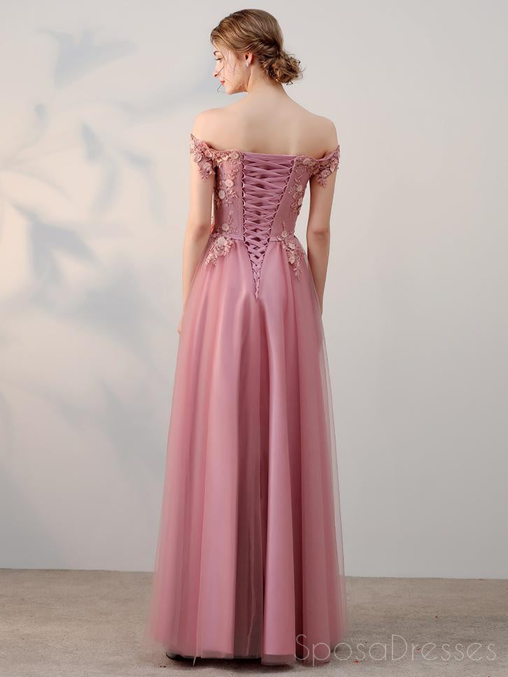 Off Shoulder Pink Tulle A-line Long Evening Prom Dresses, 17681