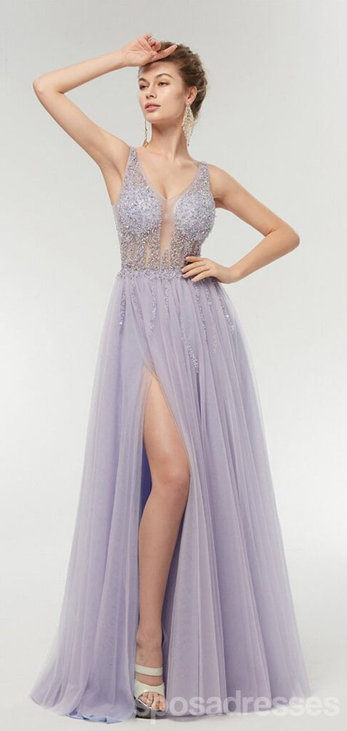 Purple A-line V-neck See Through High Slit Long Party Prom Dresses Online,12556