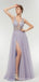 Purple A-line V-neck See Through High Slit Long Party Prom Dresses Online,12556