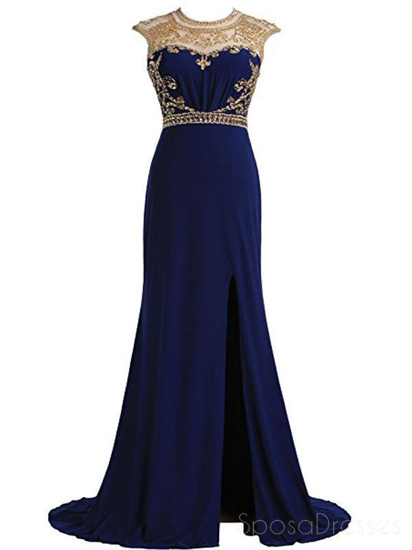 Royal Blue Gold Beaded Side Slit Mermaid Long Evening Prom Dresses, 17677