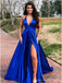 Royal Blue A-line V-neck High Slit Cheap Long Prom Dresses Online,12601