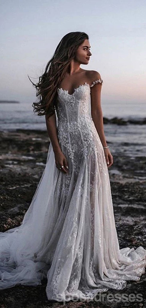 See Through Off Shoulder Long A-line Lace Wedding Dresses Online,WD747