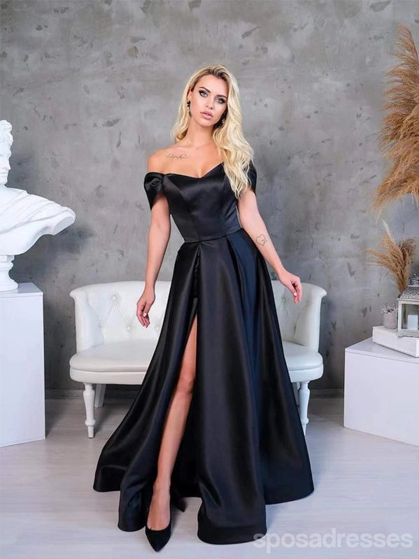 Simple Black A-line Off Shoulder Side Slit Long Prom Dresses Online,12786