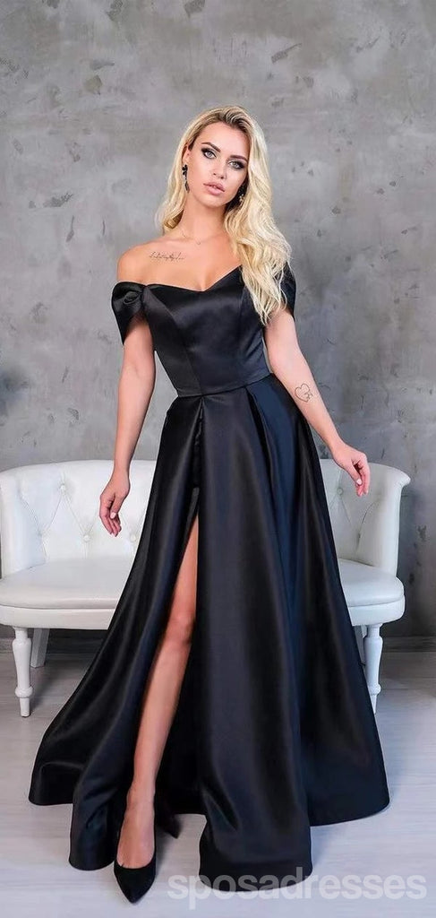 Simple Black A-line Off Shoulder Side Slit Long Prom Dresses Online,12786