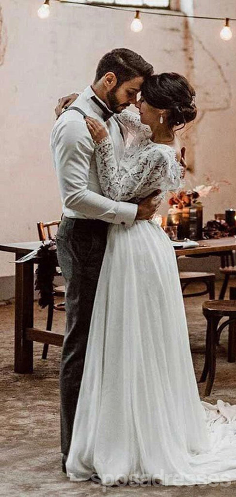 Simple A-line Long Sleeves Two Pieces Lace Wedding Dresses,WD753
