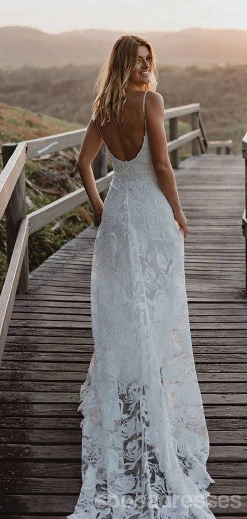 Spaghetti Straps Long Mermaid Backless Lace Wedding Dresses,WD742