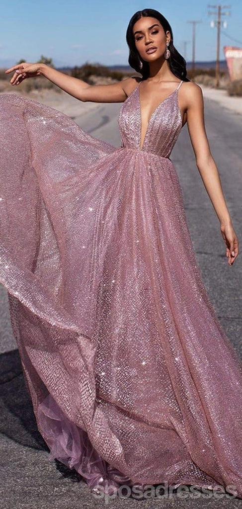 Sparkly A-line Deep V-neck Backless Long Prom Dresses Online,Dance Dresses,12789