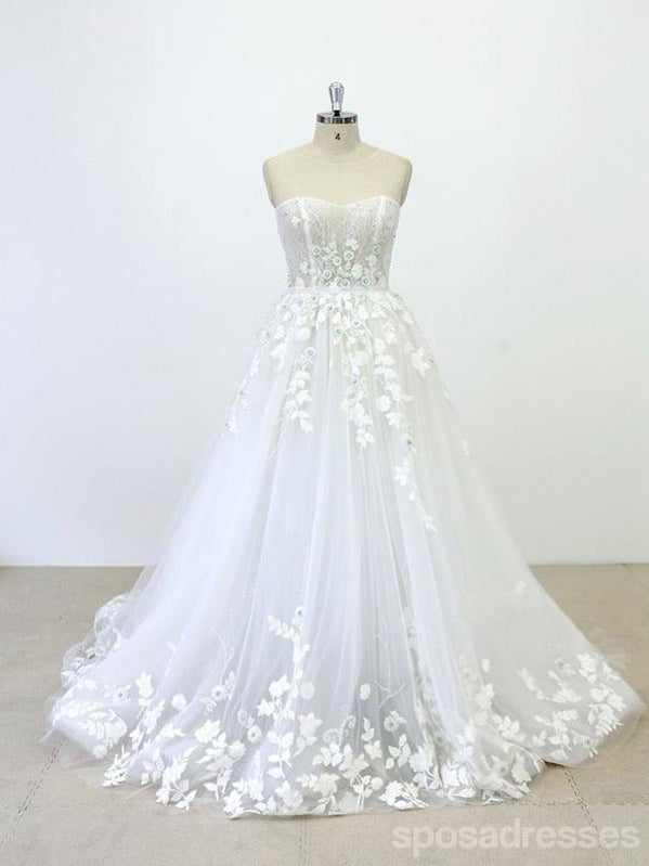 Strapless Lace See Through Beaded A-line Unique Wedding Dresses Online, WD391