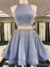 Grey Two Pieces Hatler Beaded Cheap Short Homecoming Dresses 2018, CM555