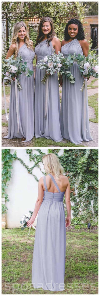 One Shoulder Dusty Blue Long Chiffon Cheap Bridesmaid Dresses Online, WG260