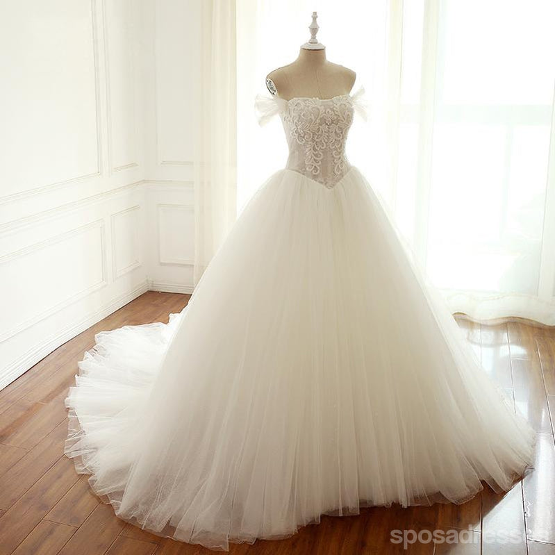 Off Shoulder Beaded A-line Lace Long Custom Cheap Wedding Dresses, WD304