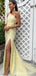 Yellow Mermaid One Shoulder High Slit Cheap Long Prom Dresses Online,12725